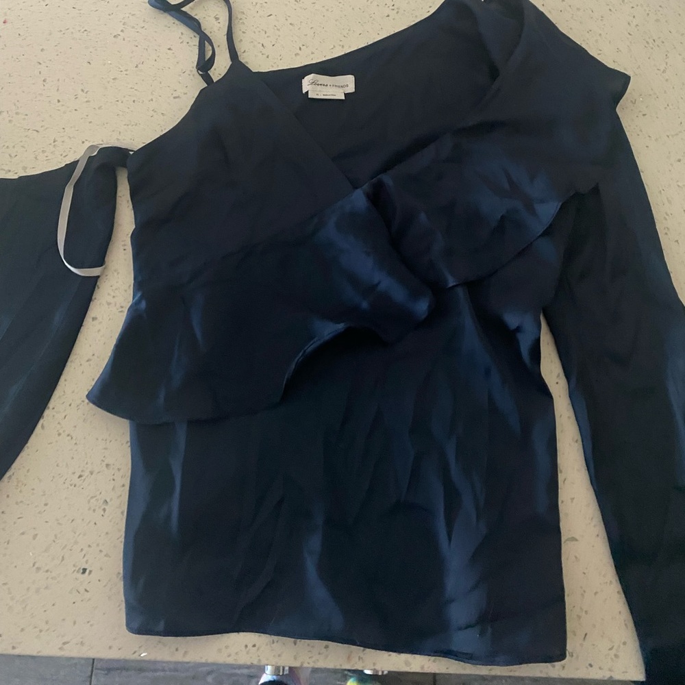 Lovers and Friends Ruffle Silk Navy Blue Top